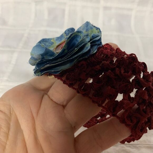 Handmade Infant Headband Burgundy Denim Blue & Green Flower Center Size Preemie - Picture 5 of 9